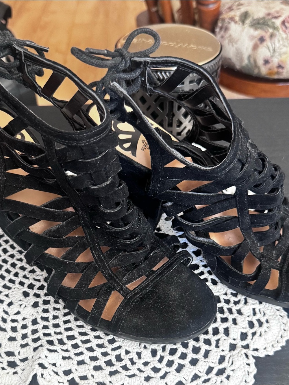 Fergalicious Black Lace Cutout Sandal Heels